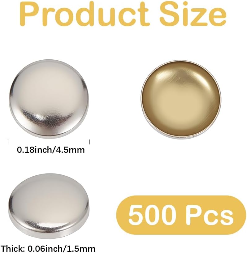 500Pcs 1 Box 4.5MM Silver Metal Round Flat Back Dome Studs Iron On No Sew Brass Flatback Cabochons Glue On Stud Set Accessories Rivets for Clothing Hats Leather Belts Decoration Crafts DIY
