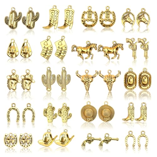 MARFOREVER 40 Pcs/20 Pairs Western Cowboy Cowgirl Charms for Jewelry Making Antique Gold Dangle Charm Boot Hat Horse Cactus Pendants for Bracelet Necklace Earrings Making Accessories