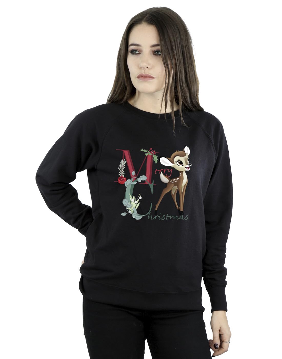Absolute Cult Women's Black Disney Bambi Merry Christmas Sweatshirt Large