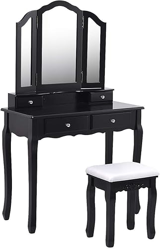 Casart Tri - Juego de taburete plegable para baño con espejo plegable con 4 cajones, Madera, Negro