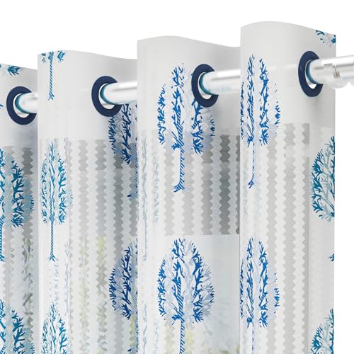 Image of Curtains 7 feet Long Set of 10 | White & Blue Transparent Sheer Curtain | Room Decoration Items for Bedroom | 215 x 118 cm | Motif Design Door Curtain | | Perfect for Home Decor
