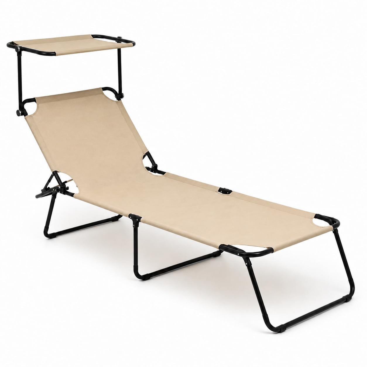 Lettino Pieghevole Con Tettuccio Regolabile Prendisole Parasole Schienale Reclinabile Regolabile Struttura In Metallo Nero Sedia Sdraio Per Spiaggia Mare Giardino Piscina 187 x 53 x 24 Cm (Beige)