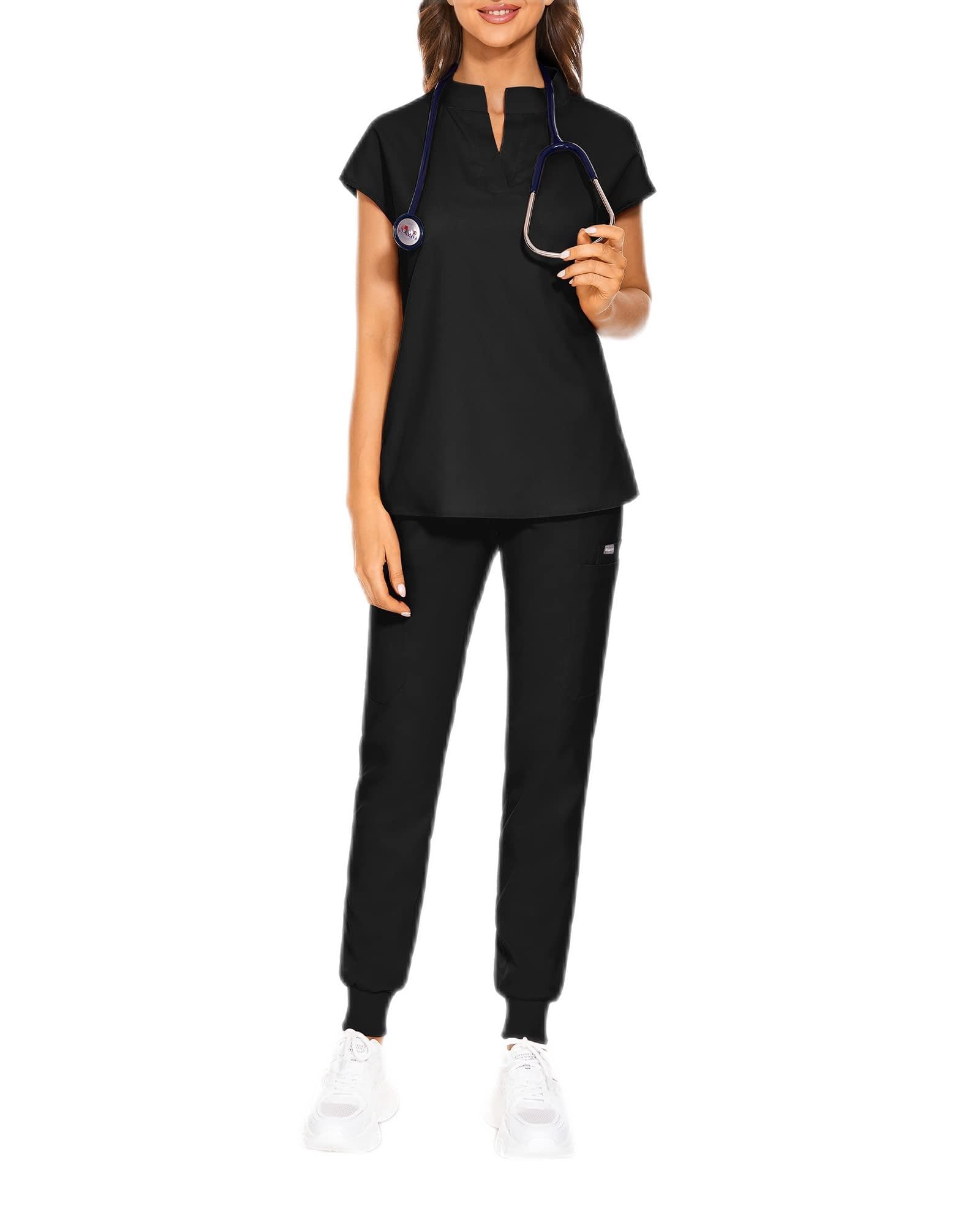 VIAOLI Scrubs for Women Set - V-Neck Top and 8 Pocket Drawstring Jogger Pants with Threaded leg Nursing Uniform Workwear (Black,S,Small)