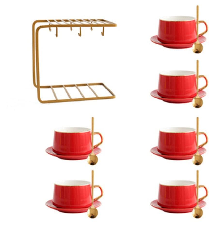 Tea Cup Set Tea Cup Saucer Set Porcelain Teacup Set Nordic Solid Color Coffee Cup Saucer Set with Cup Rack Spoon(Yellow 4 pcs) (Red 6 pcs)