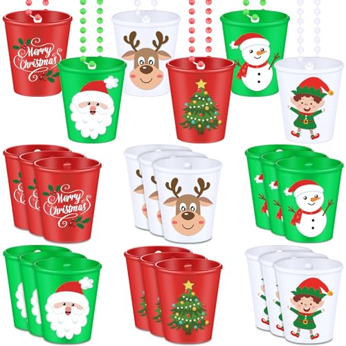 Tigeen 24 Christmas Shot Glass Necklaces Christmas Plastic Shot Cup Necklace Xmas Shot Glass on Beaded Necklace Santa Snowman Elk Shot Glass Necklace for Christmas Holiday Birthday Party Favors (Cute)