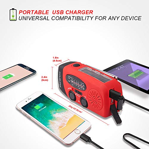 [Upgraded Version] iRonsnow IS-088+ [1000mAh] Solar Hand Crank Radio AM/FM/NOAA/WB Weather Emergency Radio, Dynamo LED Flashlight Power Bank for iPhone/Android Smart Phone (Red) - Thumbnail 4