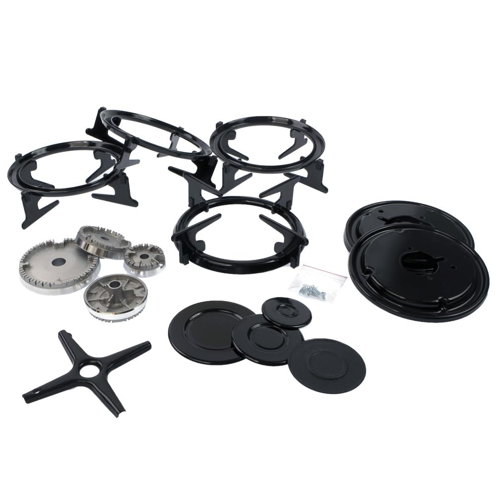 Universal Gasherd Stützset mit Herd Top Brenner & Deckel Set - 4 Pfannenstützen, 4 Grillplatten, 4 Grillplatten, 1 Topfständer, (Befestigungsschrauben), 4 Gasbrennerkrone + 4 Kappe