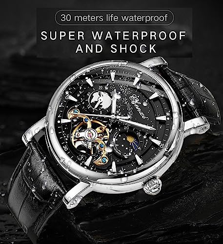 Image of FORSINING Men's Watch Luminous Starry Sky with Moon Phase Tourbillon, Mechanical Automatic Self-wind Fashion Watches, Stainless Steel Case Leather Belt Wristwatch
