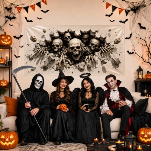 Image of Halloween Decorations Outdoor, Plastic Backdrop 65 inch x 32.7 inch, Skull Halloween Backdrop for Home, Wall, Window, Spooky Party, Indoor Outdoor Halloween Decorations