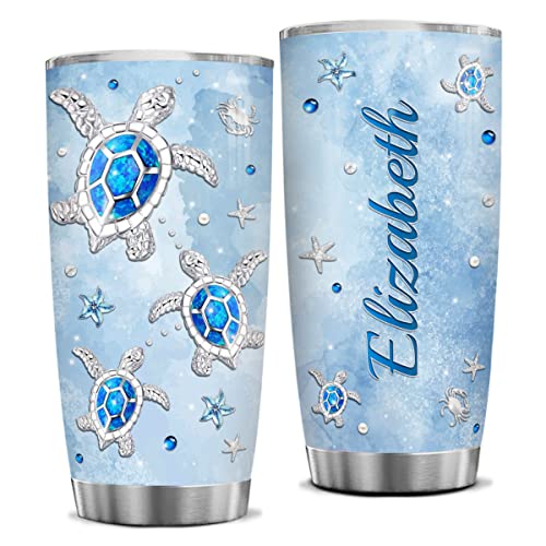 Wassmin Sea Turtle Tumbler Personalized Turtles Gifts For Women Customized Name Jewelry Drawings Style Stainless Steel Tumblers Coffee Travel Mug 20oz 30oz Birthday Christmas Stuff Gift