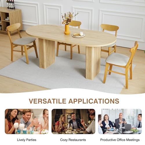 Image of 70.8 Inch Kitchen Dining Table for 4-6 People, Oval Kitchen Table with Wood Strip Base, Modern Farmhouse Large Round Dining Room Tables for Living Room (Natural)