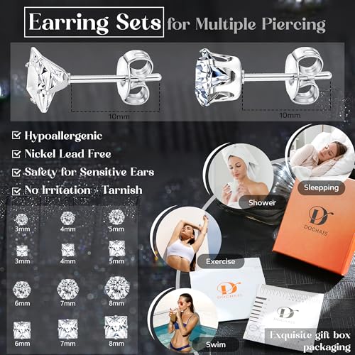 Dochais 12 Paar Ohrringe Männer,Ohrringe Herren Silber,Medizinische Ohrstecker aus 316L Chirurgenstahl, Hypoallergene Edelstahl Ohrring Set,Zirkonia Ohrstecker für Herren Damen Unisex