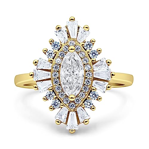 OMRANII Art Deco Marquise Shape Engagement Ring With Baguette And Round Halo Vintage Design Cubic Zirconia Stones 925 Sterling Silver