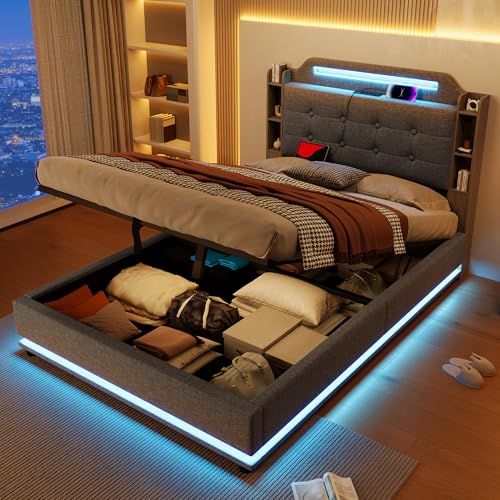 Fppuueg Cama 140x200 con luz LED y Espacio de Almacenaje Hidráulica, Camas Matrimoniales con Cabecero Tapizado y Espacio de Almacenamiento, Camas Juveniles con Puerto USB, Gris, Lino, Sin Colchón