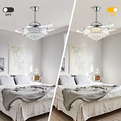 Moooni Modern Dimmable Crystal Fandelier, Retractable Blades Ceiling Fans With Light And Remote, Invisible Led Ceiling Fan Light Kit For Bedroom-Polished Chrome 48 Inches #TOP5