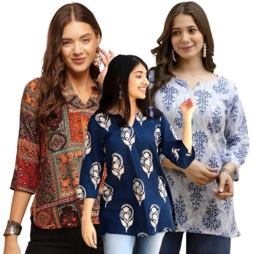 Image of Women's Printed Short Kurti Tops Rayon Cotton Blend Tunic Combo