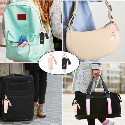 Image of 2PCS Hand Sanitizer Travel Size Keychain, Portable Hand Sanitizer Keychain with Plastic Empty Squeeze Bottle for Toiletry Shampoo Lotion Soap (Black+Pink)
