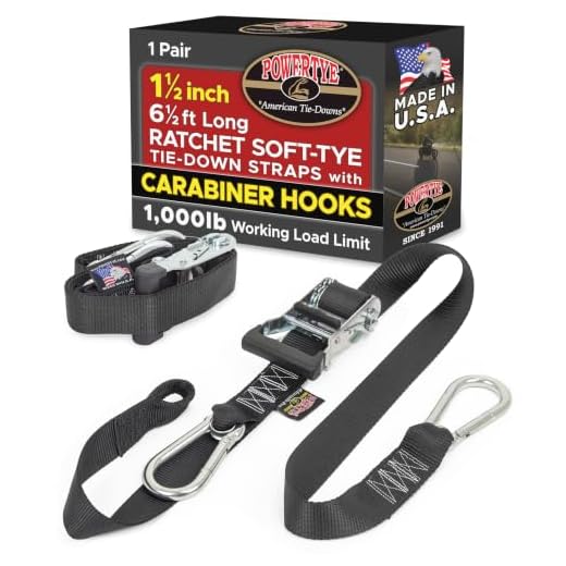 PowerTye 1.5in x 6.5ft Heavy Duty Ratchet Tie-Down Straps with Soft-Tye and Carabiner Hooks - 1,000 lb Working Load Limit / 3,000 lb Breaking Strength - Made in USA - Black/Black Pair