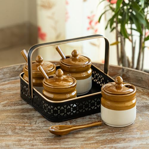 Image of ExclusiveLane 'Barni Tales' Ceramic Pickle Jars for Dining Table With Spoon & Iron Holder (Set Of 4, Non-Airtight, 270 ml) | Pickle Jar With Spoon Achar Jar Set Achar Container Set for Dining Table|