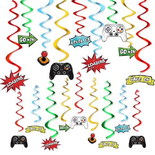 Watercolor Video Game Hanging Swirl - 28 PCS Video Game Party Decorations for Boys Kids Game Theme Birthday Party Supplies Hanging Whirls Streamer Spiral Garlands Ceiling Decor