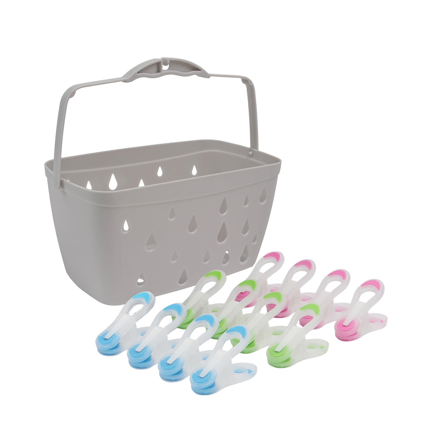 JVL Plastic Peg Basket, Grey with 36 Prism Soft Touch Mini Plastic Pegs, Multi