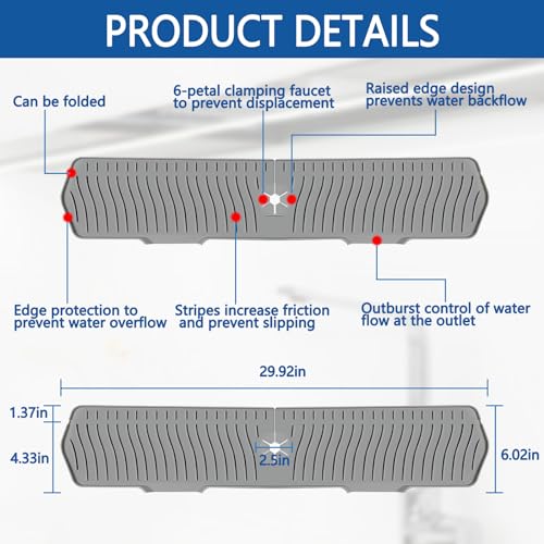 Image of Kitchen Sink Splash Guard Gen2-30 inch x 6'' Silicone Sink Mat Splash Guard fit for Countertop, Bathroom,Farmhouse,RV by EBIGIC (Grey)