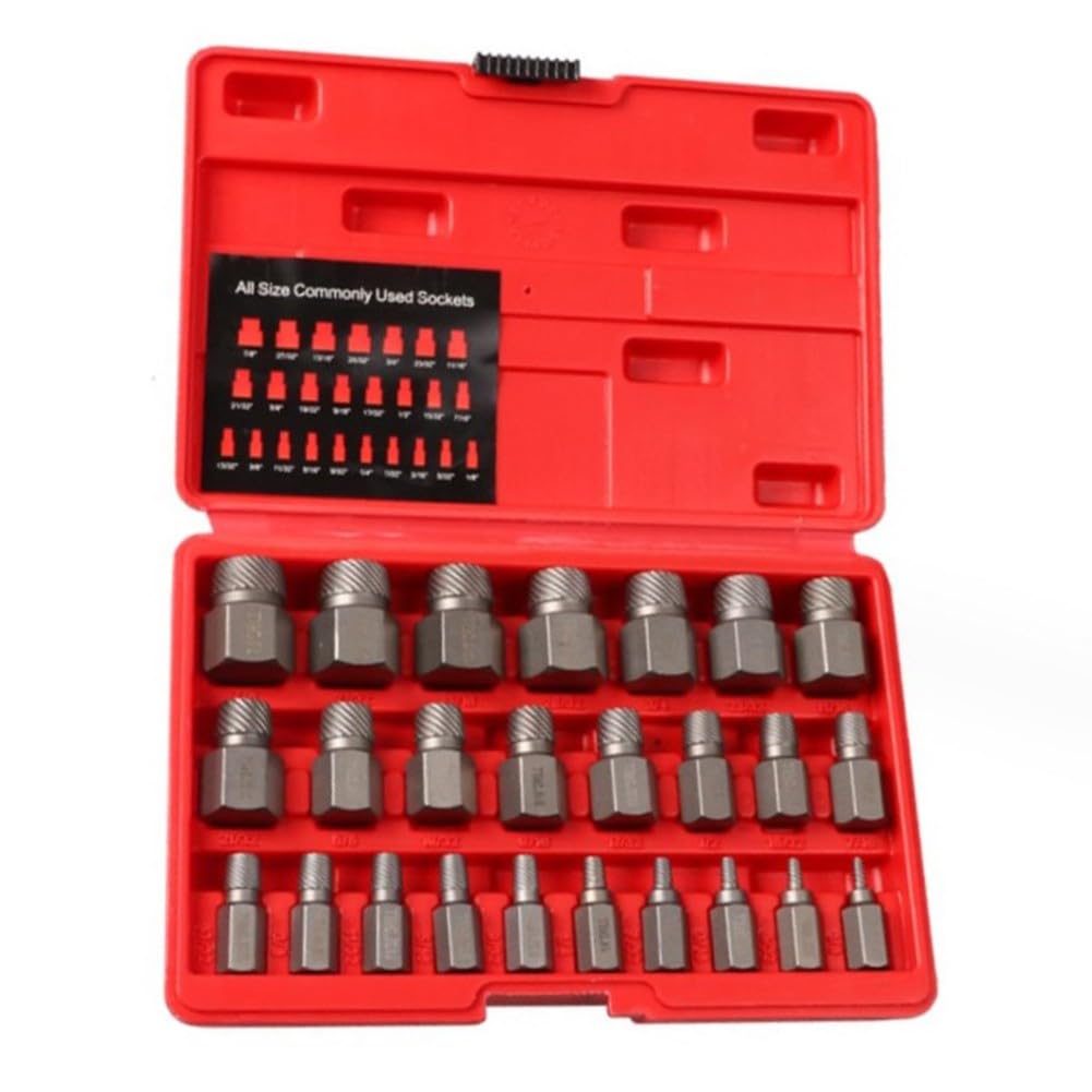 Set di 25 estrattori per viti in acciaio ad alto tenore di carbonio per viti danneggiate e arrugginite, rotazione a sinistra con profilo a più denti, per auto e officina, misure da 1/8 a 7/8