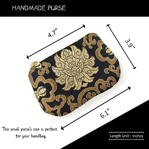 Image of Exquisite Handmade Silk Zipper Jewelry Pouch with Wristlet Strap | Women's Coin Purse Brocade Wallet for Makeup and Gifts, Black