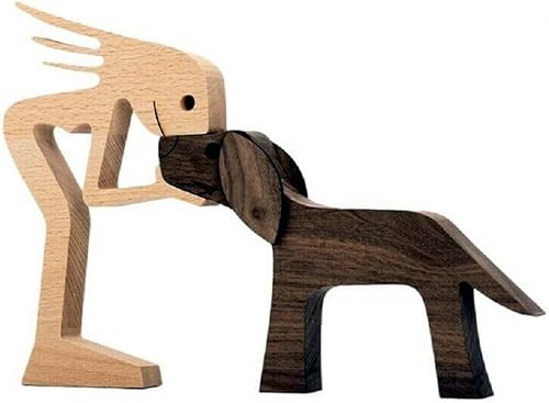 FHTDW Estatua humana de madera tallada a mano para perro decoración de oficina en casa modelo de madera para recordar la amistad entre perros y