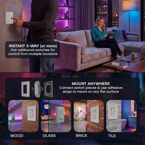 Image of RunLessWire Click for Hue Battery-Free Wireless Smart Switch 3 Pack Gray | Dimmable Kinetic Switch Pairs Natively to Philips Hue Bridge, 4 Programmable Buttons to Control Scenes & Areas, 100ft Range