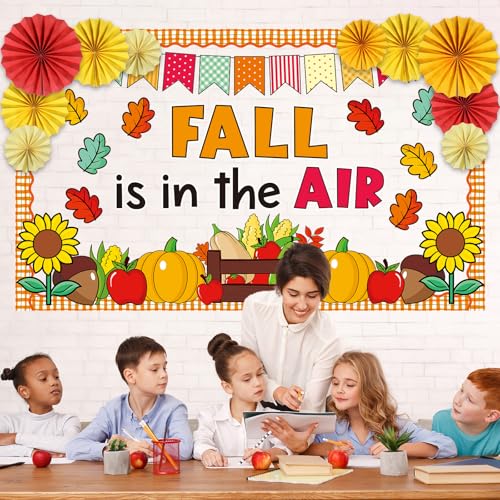Image of Fall Thanksgiving Bulletin Board Set for Classroom Decoration Fall is in The Air Paper Cutouts with 3D Paper Fans Autumn Leaves Pumpkins Bulletin Board for School Office Harvest Wall Decor