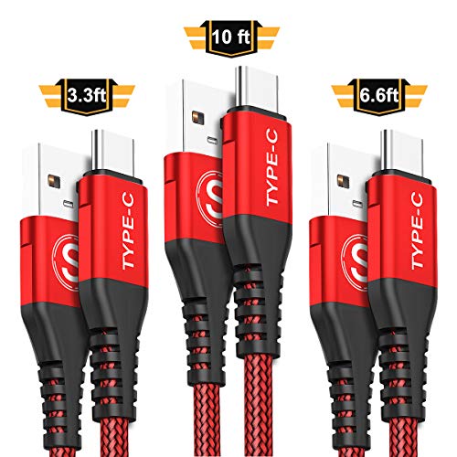 USB Type C Cable,Sweguard 3-Pack (3.3ft+6.6ft+10ft) USB A to USB-C Fast Charger Nylon