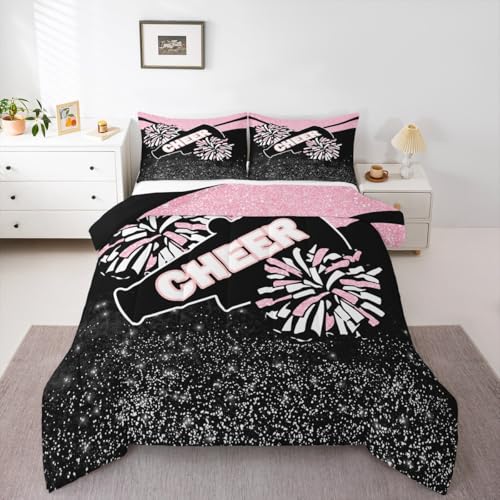 Image of Feelyou Pink Glitter Cheer Comforter Set Toddler Size Dreamy Girly Gymnastic Sports Comforter for Kids Boys Girls Gymnastics Lovers Bedding Set Cheer Sports Duvet Set Room Decor Quilt