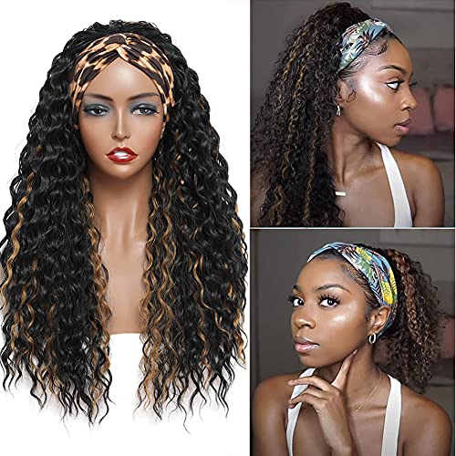 Deep Wave Headband Wig Black with Blonde Highlights P1b/27 Deep Curly Headband Wigs for Black Women 24 Inch Synthetic Hair Wig Curly Highlight Wigs for Women Girls (Deep Wave P1B/27)