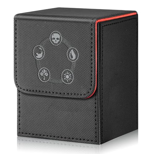 Xuanbeier Card Deck Box for Trading Cards,Card Storage Box Fits 120+ Single Sleeved Cards, PU Leather Strong Magnet Card Deck Case Holder for Magic Commander TCG CCG (Black-RED)