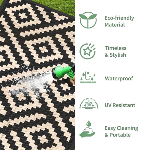 Image of GENIMO Outdoor Rug, Waterproof Plastic Runner Rugs, 2.5'x8' Black Beige