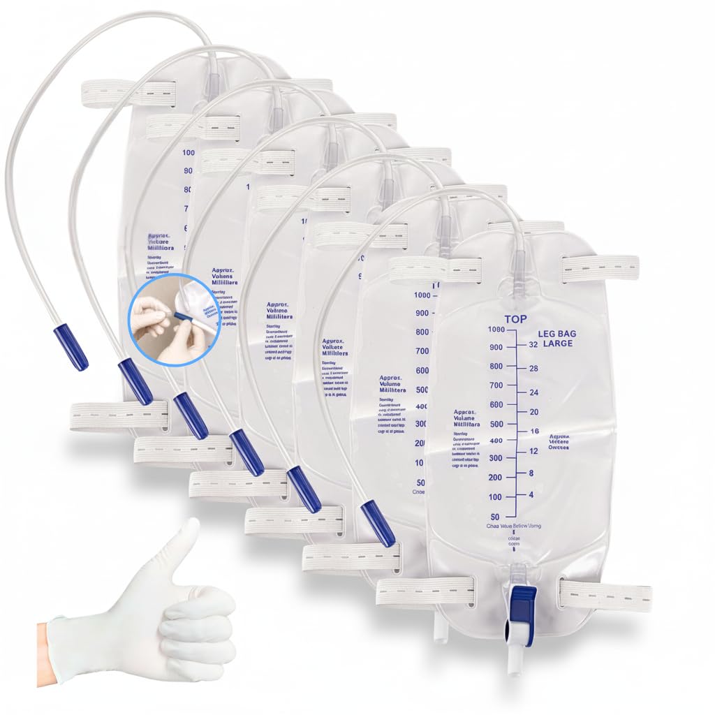 Leg Bag 1000mL/33.8oz – Urinary Catheter for Men, Women，Foley Catheter Leg Bag – Anti-Reflux Valve, Easy Flip Drain, 18" Tubing, Adjustable Leg Cloth Straps，6-Pack with 6 Pairs Gloves (1/Bag)