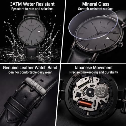 Image of BUREI Men's Fashion Minimalist Wrist Watch Analog Date with Leather Strap