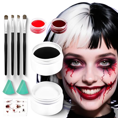Maquilhagem Halloween branco preto vermelho, pinturas rosto para crianças adulto Halloween, com pincéis esponja autocolantes de tatuagem, pinturas corporais para cicatrizes para teatral carnaval
