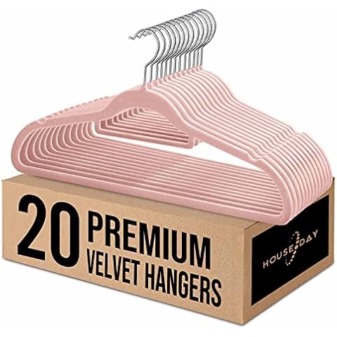 HOUSE DAY 20 Pack Velvet Hangers(45cm) for Adult with Tie Bar - Space Saving Coat Hangers Non Slip Thin Felt Hangers Heavy Duty Suit Hangers Durable Slim Flocked Hangers for Clothes/Shirt - Pink Cover