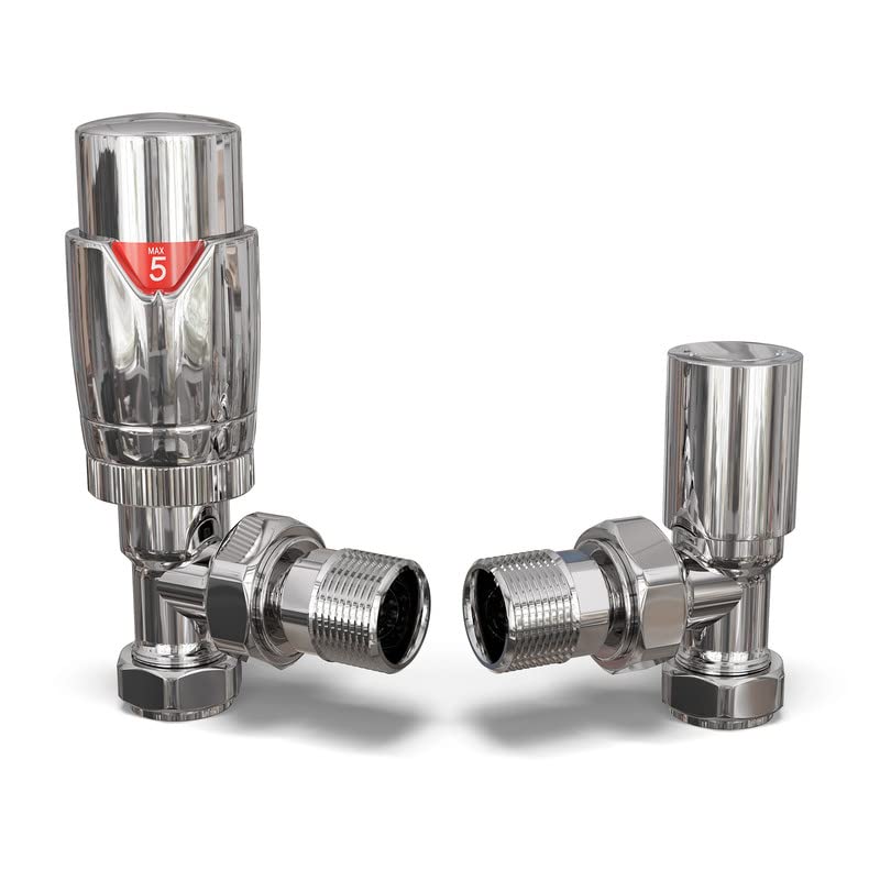 UK Radiators Chrome Thermostatic Radiator Valve and Angled Lockshield Valve, Polished Chrome Finish