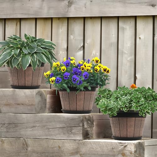 Quarut 4 Pack 8 inch Plant Pot,Upgrade Whiskey Barrel Planters with Drainage Holes & Saucer,Plastic Decoration Flower Pots Retro Design,Planters for Outdoor Indoor Garden Home Plants (Brown) - Image 8