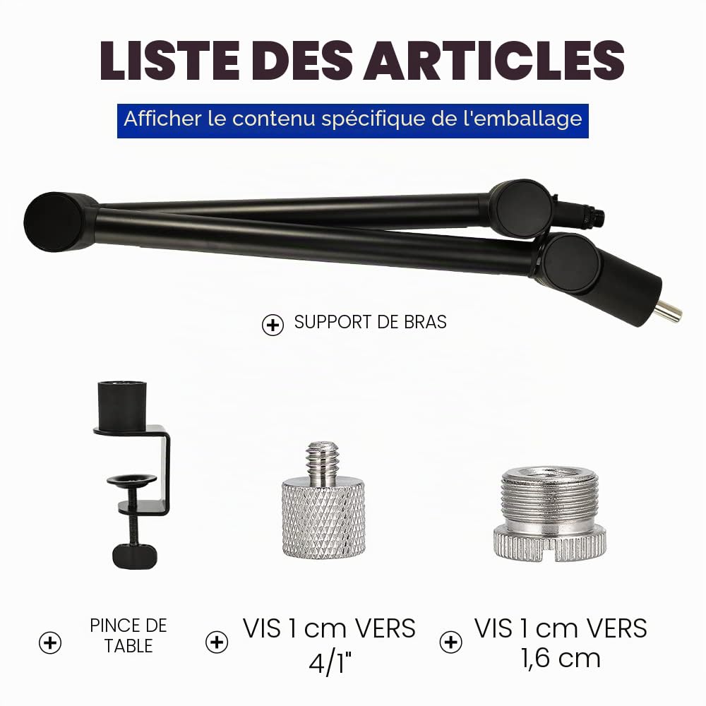 BOMGE Support de micro réglable et robuste avec canaux de gestion des câbles, pince de bureau pour balados, streaming, jeux, bureau à domicile, enregistrement (noir)