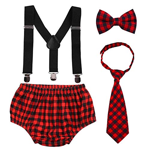 Image of Baby Boy 1st Birthday Cake Smash Outfits Party Suspenders Diaper Nappy Cover Bow Tie Mouse Headband 4pcs Clothes Set