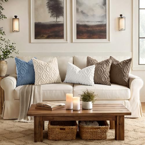 Image of decorUhome Fall Throw Pillow Covers 12x20 Inch Set of 2, Soft Plush Faux Wool Dusty Blue Solid Couch Pillow Covers, Accent Farmhouse Neutral Rectangle Pillow Cases for Sofa Bed Living Room
