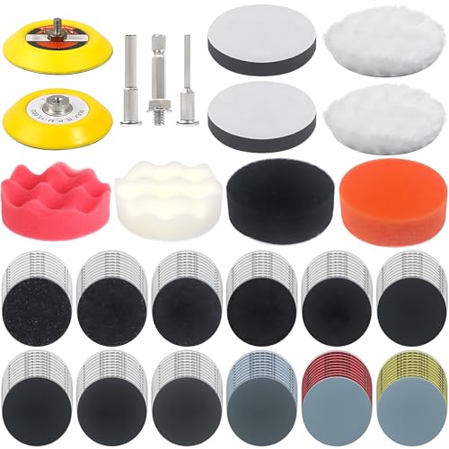133 Tampons de Polissage - Kit de Polissage 3 Pouces - Éponge et Laine - Pour polir, poncer, cirer - Compatible avec perceuse, voiture, polisseuse (Multicolore)