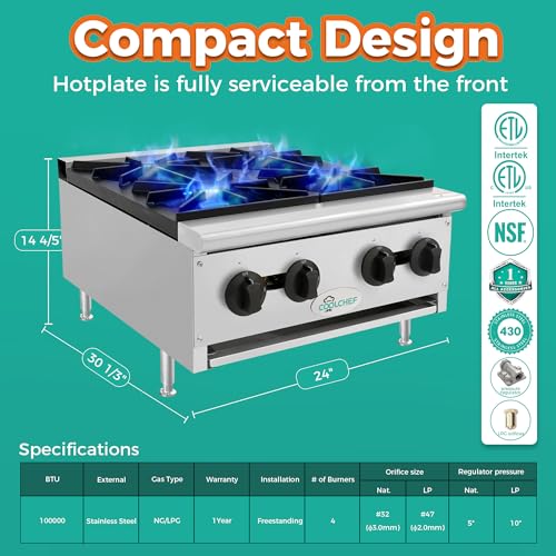 Image of 24-Inch 4-Burner 100000 Total BTU Hot Plate, Commercial Gas Stove - Dual Fuel Propane & Natural Gas - Heavy Duty Stainless Steel Range
