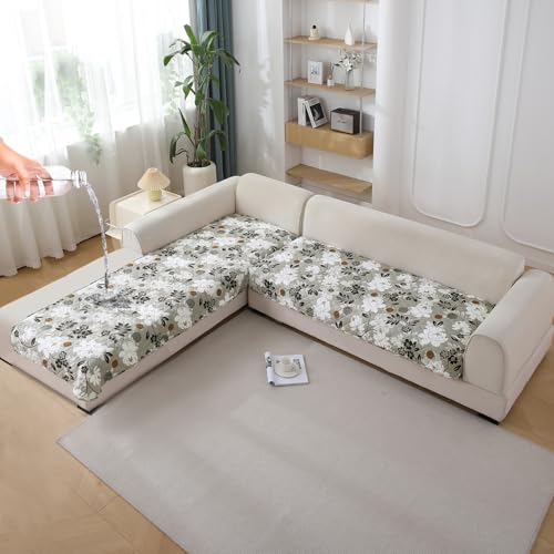 Image of HOKIPO 'Elira Series' Printed Water Repellent + Waterproof Quick Dry L Shape (3+3 Seater) Sofa Seat Cover Mat, Feather Brown Floral (AR-5249-C1*2)