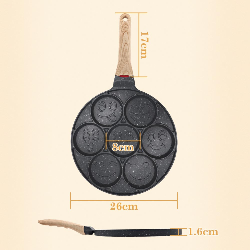 Sartén de inducción para panqueques con cara sonriente, antiadherente, 7 agujeros para niños, 10.4 pulgadas, color negro 6
