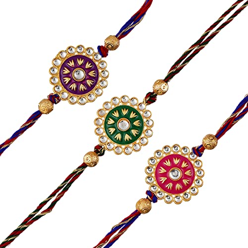 Image of eCraftIndia Multicolor Set of 3 Semi Precious Stone Designer Rakhis with Roli Chawal Pack - Rakhi for Brother